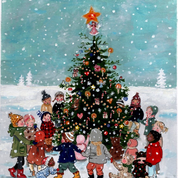 Christmas Children - Christmas Card - xmas card - Holiday Greeting - postcard / large or small folded card / Art Poster NEW!