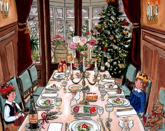 Le dîner de Noël - Carte de Noël - Carte carrée pliée - Carte de Noël - NOUVEAU NOUVEAU NOUVEAU !