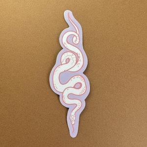 May include: A white snake sticker with a pink outline and details, set against a light purple background. The sticker has a unique, stylized design, perfect for decorating laptops, water bottles, or notebooks. The sticker is approximately 6 inches in length.