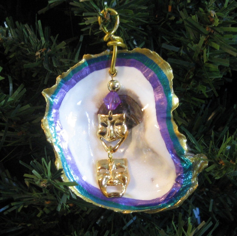 Mardi Gras oyster shell ornaments with charms