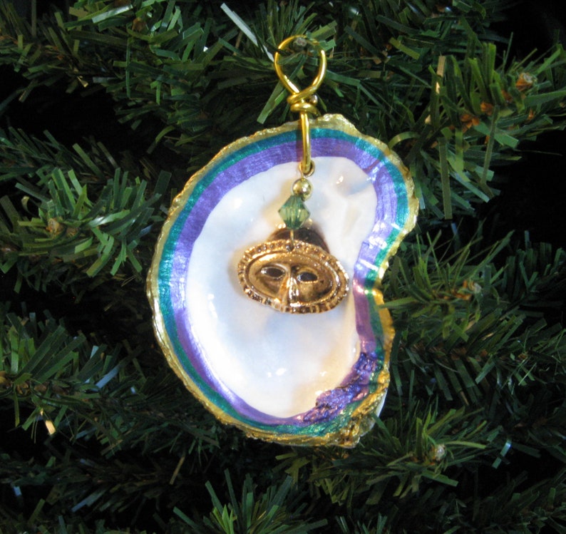 Mardi Gras oyster shell ornaments with charms