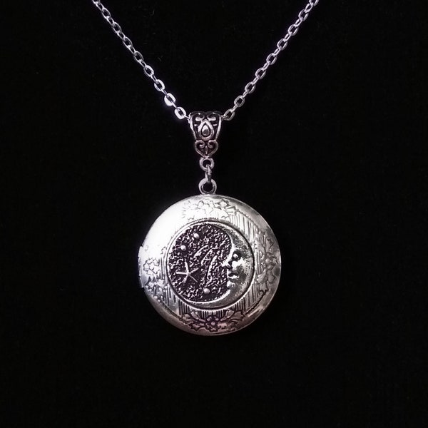 Memory Spell Silver Locket Vintage Victorian Gothic Moon and Stars Keepsakes Necklace Pendant Charm Wicca Pagan Gift Good Witch