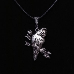 Antique Silver Owl Bird Moon and Arrows Necklace Pendant Woodland Elven Shaman Gothic Pendant Wiccan Witch Goth
