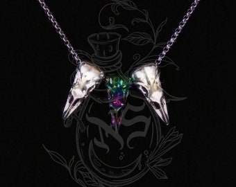 Regenbogen Silber dreifach Krähe Rabe Vogel Schädel Halskette Wald Elfen Schamanen Gothic Anhänger Wicca Hexe Goth Horror Vogel Halsband