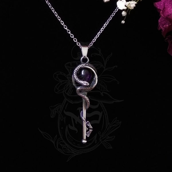 Snake Reptiles Serpentes Skeleton Key Amethyst Pendant Victorian Gothic Necklace Wicca Pagan Gift Good Witchy Things Stainless Steel