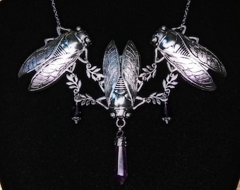 Cicada Insect Cricket Amethyst Crystal Statement Necklace Gothic Victorian Jewelry Witch Boho Forest Magic Steam Punk