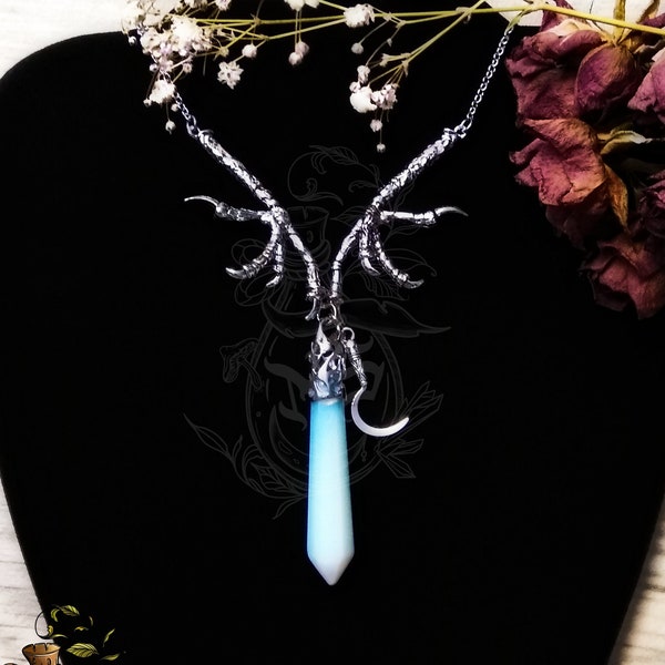 Grim Reaper Sickle Scythe Raven Crow Bird Claw Foot Pendant Opalite Crystal Necklace Shaman Totem Gothic Witch Forest Witchy Things Bone