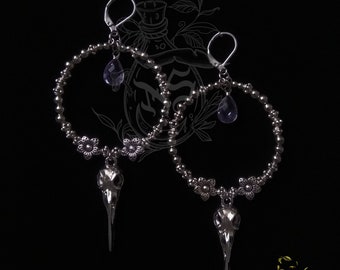 Gothic Dangle Earrings Bird Crow Skull Floral Hoop Swarovski Pagan Wicca Goth Alternative Occult Witch Macabre