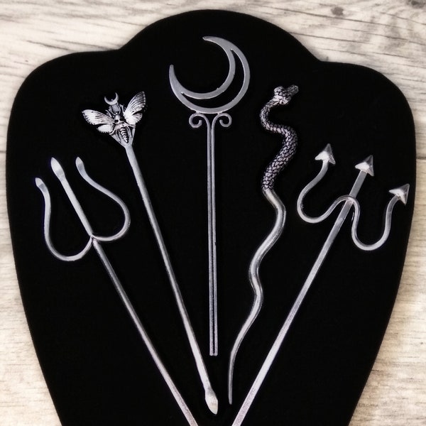 Hair Pin Stick Moth Dead Head Snake Crescent Moon Trident of Poseidon Neptune Devil's Fork Wicca Witch Amulet Gothic Occult Witchy Things