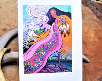May include: A colorful painting of a Native American woman holding a bowl with smoke rising from it. The woman is wearing a pink and orange shawl with floral designs and a headdress with feathers. The background is a landscape with a lake and trees.