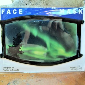 May include: A black face mask with a green and blue aurora borealis design. The mask is packaged in plastic and has the words "FACE MASK" printed on the top. The text "Designed and Printed in Canada" is printed on the bottom of the package.