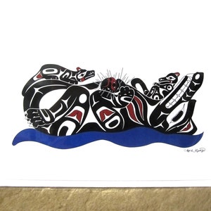 May include: A black and white stylized illustration of three bears swimming in blue water. The bears are drawn in a traditional Northwest Coast style with intricate patterns and red accents. The image is signed "Mark Thomas".