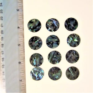 May include: Twelve round iridescent abalone shell cabochons, each with a unique pattern of green, blue, and black swirls. The cabochons are arranged in a grid pattern on a white background.