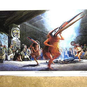 Carte postale d'art mural autochtone « Danse hivernale » de la Première nation Kwakiutl du Pacifique, côte nord-ouest du Pacifique 15 x 21 cm