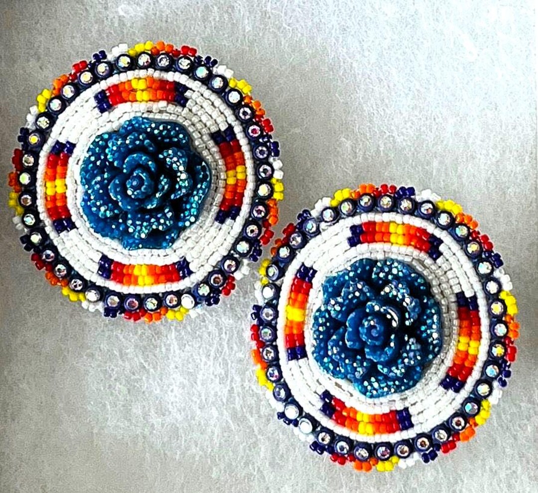 Cree First Nations Hand Beaded Blue 'rose' Earrings Great Plains ...