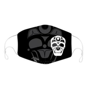 May include: Black face mask with a white skull design. The skull has a third eye and geometric patterns. The mask has adjustable ear loops.