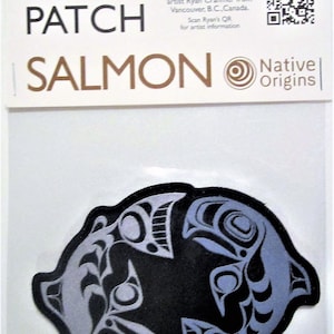 Coast Salish First Nations &#39;Salmon&#39; Iron On Embroidered Patch 2.5&#39;&#39; - 3&#39;&#39; Pacific North West Native Indigenous Art