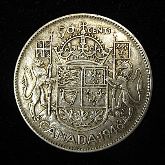 【カナダ 50セント銀貨 1946年 ／ ジョージ6世】 Vintage 1946 King George VI Canada 50 Cent Half Dollar .800 Silver
