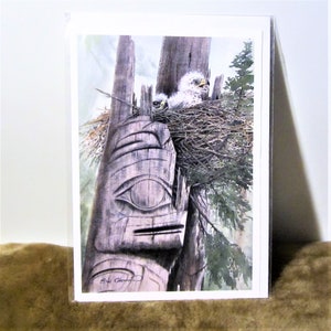 Côte Nord-Ouest du Pacifique 'Totem and Eagle Chicks' Colombie-Britannique Canada Art Carte postale 6 x 9 pouces