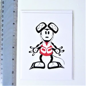 May include: Black and white illustration of a cartoon mouse with red accents. The mouse is smiling with its tongue sticking out. The mouse is wearing a red shirt with white circles.