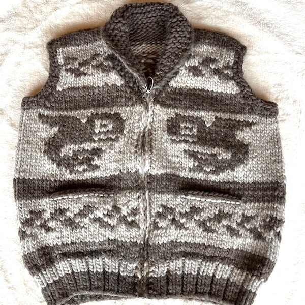 Coast Salish Cowichan First Nation 'Whale' Knit Adult Winter Sweater Vest With Zipper Size 46 Pacific North West Coast Native Indigenous Art