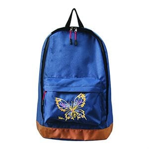 May include: A blue backpack with a brown bottom and a gold butterfly design on the front pocket.