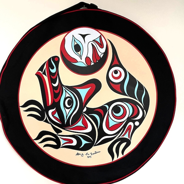 Coast Salish First Nation 'Wolf and Moon' Embroidered Potlatch Powwow Drum Bag 26'' Pacific North West Indigenous Native Art