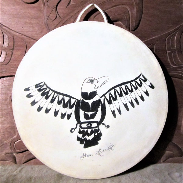 Nuu Chah Nulth First Nation ''Thunderbird'' Elk Hide Potlatch Rattle Drum Pacific North West Coast Native Indigenous Instrument Art