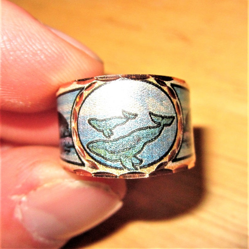 Copper /'Humpback Whale /& Calf/' Silver Plate Adjustable Ring First Nation Native Indian Art Jewelry