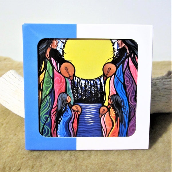 Anishinaabe Ojibway First Nation ''Mother Daughter Water Song" Coaster Set of 4 Eastern Woodlands Native Indigenous Art