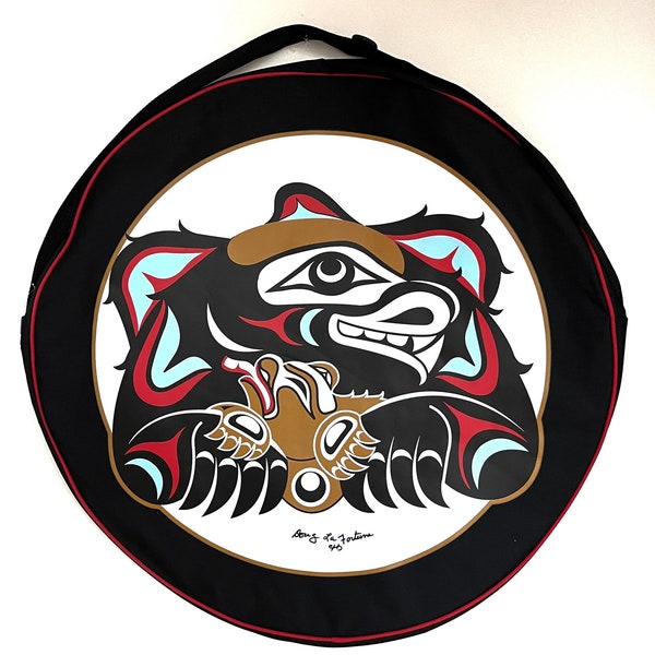 Coast Salish First Nation 'Mother Bear and Cub' Embroidered Potlatch Drum Bag 26'' Pacific North West Indigenous Native Art