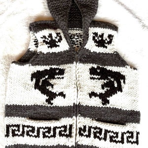 May include: A gray and white knitted vest with a zipper closure and a hood. The vest features a black and white dragon design and a geometric pattern.
