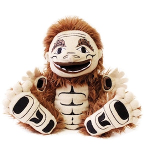 May include: A brown plush puppet with a human-like face, wearing a brown fur coat and sitting with its legs crossed. The puppet has a big smile and black eyes. The puppet's feet have a black and white design.