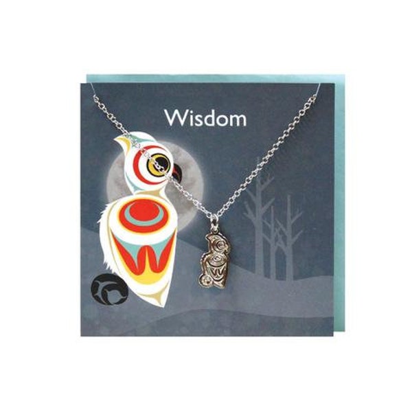 Salish Kwakiutl First Nation 'Spirit Owl' Pewter Charm Pendant Necklace Greeting Card Pacific North West Coast Native Indigenous Art Jewelry