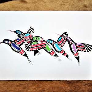Carte postale « Colibris » des Premières nations Heiltsuk Bella Bella de la côte nord-ouest du Pacifique