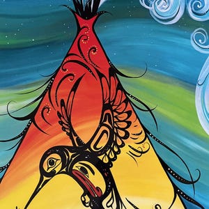 May include: A colorful painting of a hummingbird flying out of a teepee with a swirling blue sky in the background. The teepee is decorated with black and yellow swirls. The hummingbird is black with red and yellow accents.