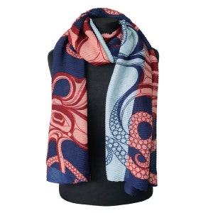 May include: A blue, pink and white scarf with an octopus design. The scarf is pleated and has a soft, flowing texture.