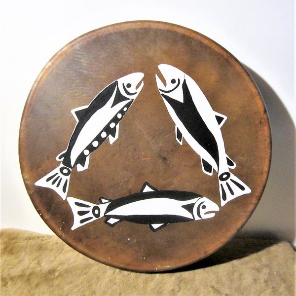 Nuu Chah Nulth First Nation ''Salmon Run'' Elk Hide Potlatch Drum Native Indigenous Instrument Art