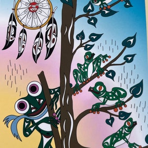 May include: A colourful painting of a tree with five frogs on it. The tree has a brown trunk and green leaves. The frogs are green with white spots and black eyes. There is a dreamcatcher hanging from the tree. The painting is signed "Doris J. Fortune 90".