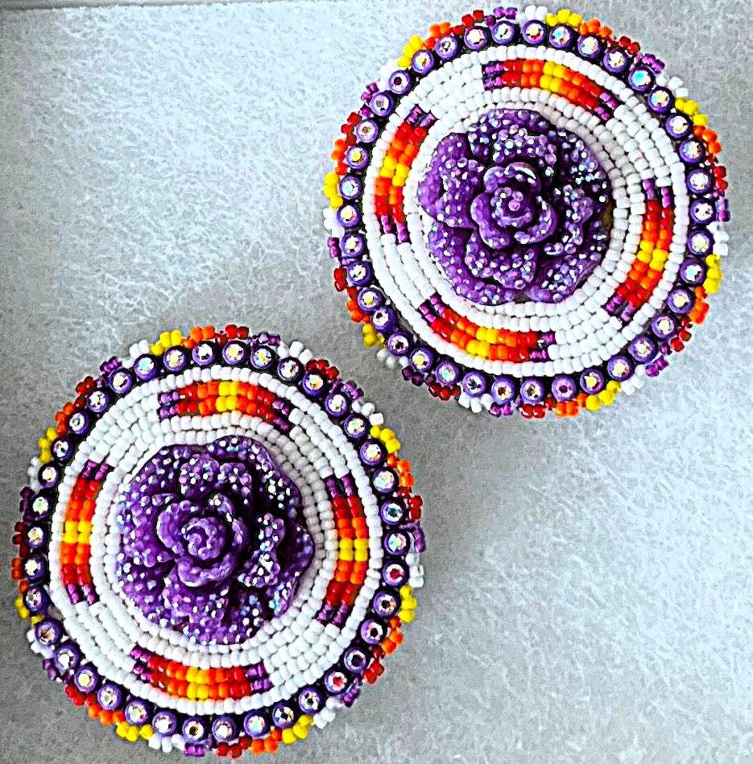 Cree First Nations Hand Beaded Purple 'rose' Earrings Great Plains ...