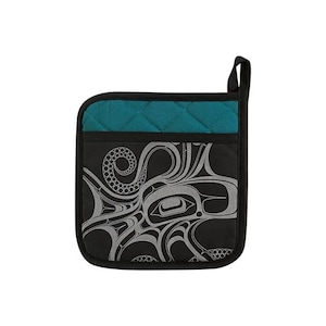 May include: Teal and black quilted pot holder with a grey graphic of a stylized creature.