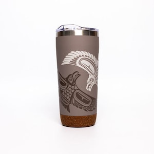 May include: A gray stainless steel travel mug with a cork bottom. The mug features a design of two stylized birds in flight, one white and one brown.