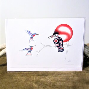 Northern Tuchone First Nations &#39;&#39;Hummingbird and Kingfisher&#39;&#39; Native Indigenous Art Post Card & Envelope 6&#39;&#39;x9&#39;&#39;