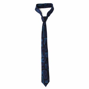 May include: A dark blue tie with a geometric pattern in shades of blue and black.