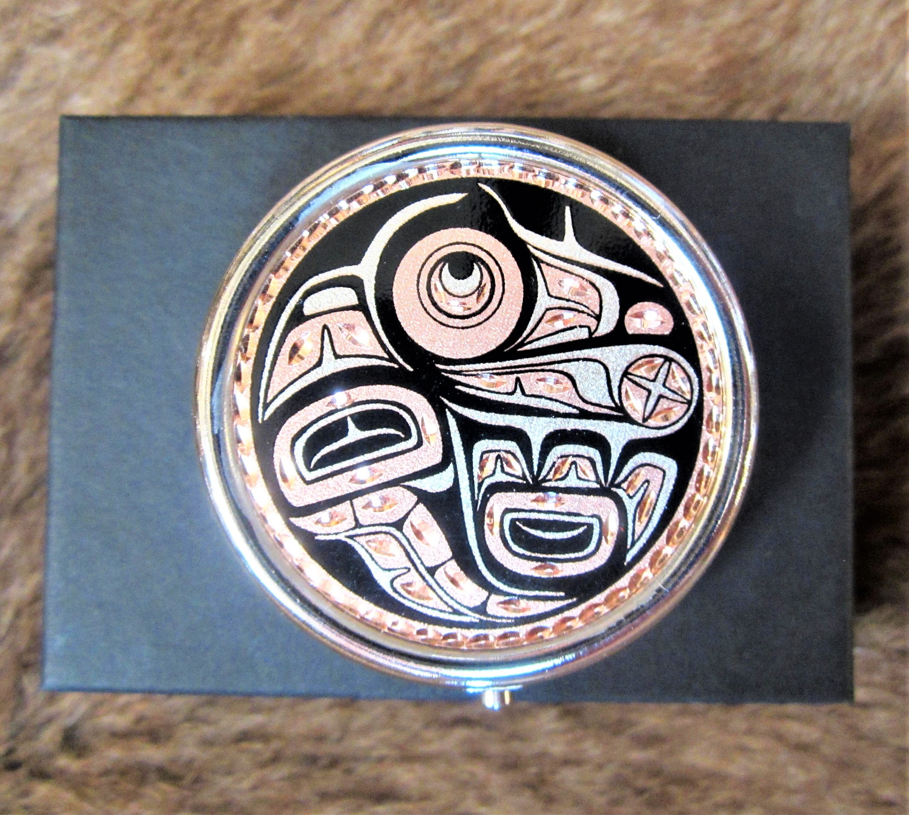 First Nations Copper 'Raven' Pill Box Pacific North West Coast Native Indigenous Art Jewelry