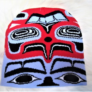Tuque extensible « Eagle & Bear » de la Première Nation Salish de la côte / Chapeau de ski Art autochtone autochtone du Nord-Ouest du Pacifique