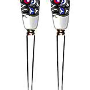 May include: A set of two silver utensils with black and white handles featuring a colourful Native American design. The fork has three tines and the spoon has a rounded bowl.