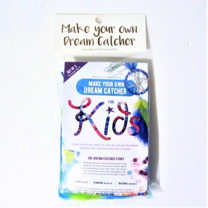 May include: A package containing a craft kit for making dream catchers. The package is labelled "Make Your Own Dream Catcher for Kids" and includes two dream catchers, beads, feathers, and string. The package is designed for children aged 6 and over.