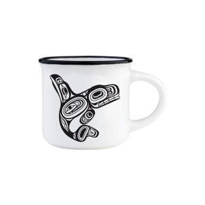 May include: White ceramic mug with a black rim and a black and white stylized image of an orca whale in a Northwest Coast Indigenous art style.