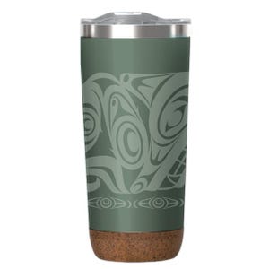 May include: A green stainless steel travel mug with a cork bottom. The mug features a design of a stylized animal with a swirling pattern.